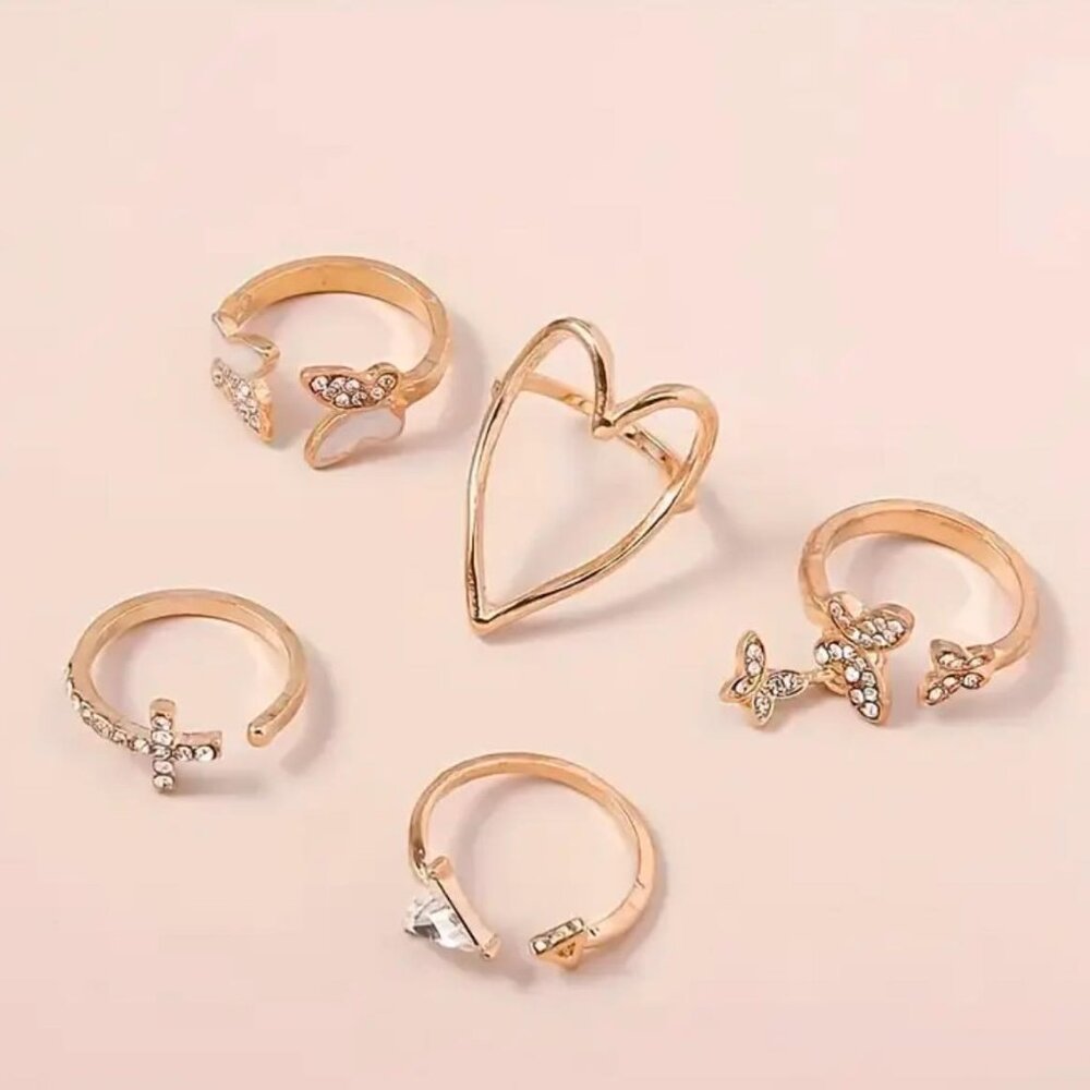 Brand New 5pc Gold Ring Set with Heart, Butterflies, Cross & Arrow